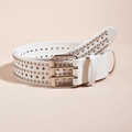 Cintura punk bianca in pelle con borchie dorate, stelle traforate e fibbia a doppio ardiglione - Fibbia a Doppio Perno Multi-foro con Borchie a Stella / Bianco