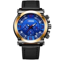 Men's chronograph watch with blue textured dial, gold accents and black leather strap - Black Strap Rose Gold Case Blue Dial