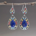 Retro lapis lazuli water drop earrings with silver base and gold star accents - Teardrop Blue Lapis Texture Style (11245)