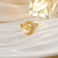 Macro shot of gold crescent moon and star ring with small embedded clear gemstones - Crescent Moon Star Rhinestone Open Style (JZ0141)