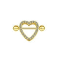 Macro shot of gold heart nipple shield with clear cubic zirconia stones on white background - #16 Gold Heart Clear Zircon