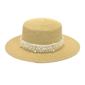 Détail du chapeau de soleil en paille tressée avec ruban élégant orné de perles blanches - M (56-58cm) / Poche zippée