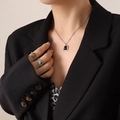 Silver jewelry set with black cat eye stone necklace and square gemstone rings for women - 40+5cm / Steel Black Cat's Eye Necklace