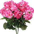 Artificial pink geranium silk flower bouquet with green leaves on white background - 14" / Pink