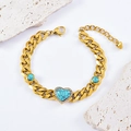 Golden Cuban chain bracelet with heart-shaped turquoise stone and sparkling zircon inlay - Turquoise Heart Style
