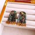 Detail view of acrylic tassel earrings with tortoise pattern in a jewelry box - Multi-color (Silver Earring Post)