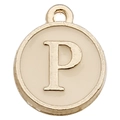 Golden round alphabet charm with letter P in cream enamel for DIY jewelry making - Letter P / 1 Piece (12x14mm) / Champagne