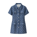Short sleeve denim dress in dark blue with silver bow print and rhinestone buttons - S / Blue Denim
