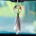 Car dream catcher pendant featuring a Tree of Life with colorful stones and white feathers - 7-Color Crystal - Simple Grey