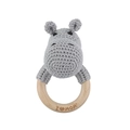 Handmade grey crochet hippo baby rattle with I Love Mom engraved on natural wooden ring - Hippo