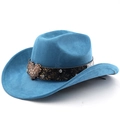 Detail of blue suede cowboy hat featuring vintage leather band and rhinestone heart buckle - M (56-58cm) / Lake Blue