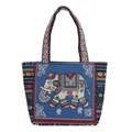 Ethnic blue woven canvas tote bag with colorful elephant patterns and geometric handles - Blue Plush Elephant