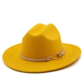 Detail of wool fedora with beige leather band and golden horseshoe buckle on yellow felt - M(56-58cm) / Yellow