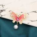 Elegant gold butterfly brooch with pink enamel wings and a hanging white pearl drop - Style 31/Pink White Gradient Pearl