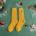 Yellow Christmas mid-tube socks with cute snowman embroidery and ribbed texture - One Size / Yellow/Snowman