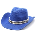 Dettaglio cappello cowboy in paglia blu con nastro a scacchi e bordo sfrangiato - M (56-58cm) / Blu