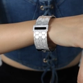 Silver wide cuff bracelet with honeycomb texture and black stone inlay for women - Silver Color Black Acrylic Bangle