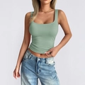 Slim fit green sleeveless y2k tank top for women paired with blue denim jeans - S / Bean Green
