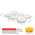 6-cavity petal flower silicone donut mold with dimensions and yellow cake sample - 6-Cavity Petal Donut MCM-374