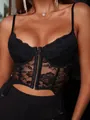 Sexy bustier in pizzo nero con fiori, mesh e chiusura frontale a gancetti - S / Nero
