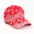 Detailansicht des roten Paisley-Musters und der Textur einer Bandana-Baseballkappe - Verstellbar / Rot