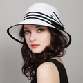 Elegant white woven straw sun hat with black ribbon bow and trim for women - One Size(Adjustable) / White (M Letter Striped Bow)