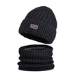 Black winter knit beanie and neck warmer set with fleece lining for men's outdoor warmth - Black