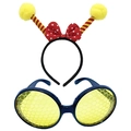 Bee themed headband with red-yellow antennae and blue honeycomb grid party glasses - Red Yellow Antenna Bow Set