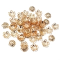 Close-up of bulk golden hollow flower bead caps for DIY jewelry making and craft projects - 8mm-200Pcs Per Bag / KC Gold