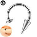 Zilveren G23 titanium hoefijzer piercing met kegelpunt en platte schijf voor lip - U-Vorm / Gebogen Schijf + Grote Punt