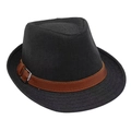 Detail of black straw fedora showing woven texture and brown leather band with buckle - Black / L (58-60cm)