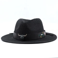 Dettaglio cappello di paglia nero con testa di toro in metallo e ricamo floreale - Nero