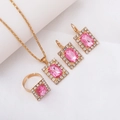 Three-piece gold jewelry set with pink square gemstones and diamonds for women - Three-Piece Set / Square-Pink