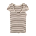 Damen Kurzarm T-Shirt mit braun-weißen Querstreifen, Rundhalsausschnitt in Flachbild-Ansicht - S / Braun Weiß Gestreift