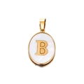 Close-up of golden stainless steel oval pendant with white mother of pearl and letter B - Gold Letter B
