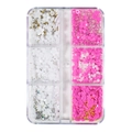 6-grid nail art kit featuring white and pink 3D flowers, pearls, and rhinestones - Style 2