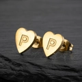 Vintage golden stainless steel heart earring with letter P in matte brushed finish - Letter P / Gold