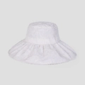 Detailed close-up of white lace sun hat with floral pattern and wide wavy brim - M(56-58cm) / White