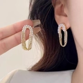 Elegant gold oval earrings featuring white pearls and sparkling zircon stones for women - Gold Oval Pearl Rhinestone Spliced Drop Earrings
