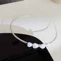 Silver metal headband featuring sparkling rhinestones and white iridescent faux pearls - EM1244 Silver Colorful Heart Headband