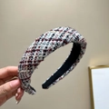 Detailed view of wide tweed headband with multicolored woven texture and padded design - Padded Headband / 3CM Wide / Wine Red + Blue + Black Blend