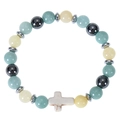 Zoom sur bracelet en perles de pierre naturelle 8mm avec charm croix blanche élastique. - Bracelet Trésor Mixte 1