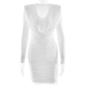 Vestido ajustado blanco de manga larga con cuello desbocado y detalles fruncidos - S / Blanco