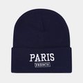 Detailed close-up of navy blue beanie with white PARIS FRENCH letter embroidery - One Size / Navy Blue