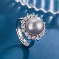 Elegant sunflower ring with grey pearl and sparkling zircon in a silver finish - Adjustable Open / Sunflower Gray Pearl Zirconia Ring