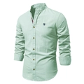 Chemise homme en lin vert menthe à manches longues avec col mao et broderie discrète - XS / Vert Clair (Style 71)