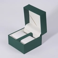 Dark green leather double watch display box with contrasting white pillows and lining - 10.9*11*8.7cm / Dark Green