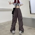 Women's charcoal grey cargo pants with wide leg fit and vintage streetwear utility pockets - S / Brown