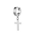 Close-up of a silver stainless steel huggie hoop earring with a cross pendant detail - Steel