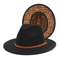 Black fedora wool hat with leopard print lining and brown leather belt buckle detail - M (56-58cm) / Black